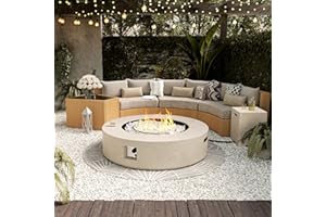 UPHA 42-inch Outdoor Propane Gas Fire Pit Table 50000 BTU Concrete Round Fire Pit for Outside Patio with Propane Tank Cover, White Fire Glass, Rain Cover, Terrazzo Beige