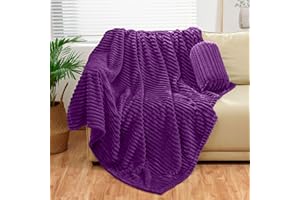 Bnuitland Dark Purple Flannel Throw with Storage Pouch,300GSM Super Soft Fleece Stripe Pattern Sofa Blanket for Adults and Kids, Lightweight Cozy Bed Throw for Home Decor All Season