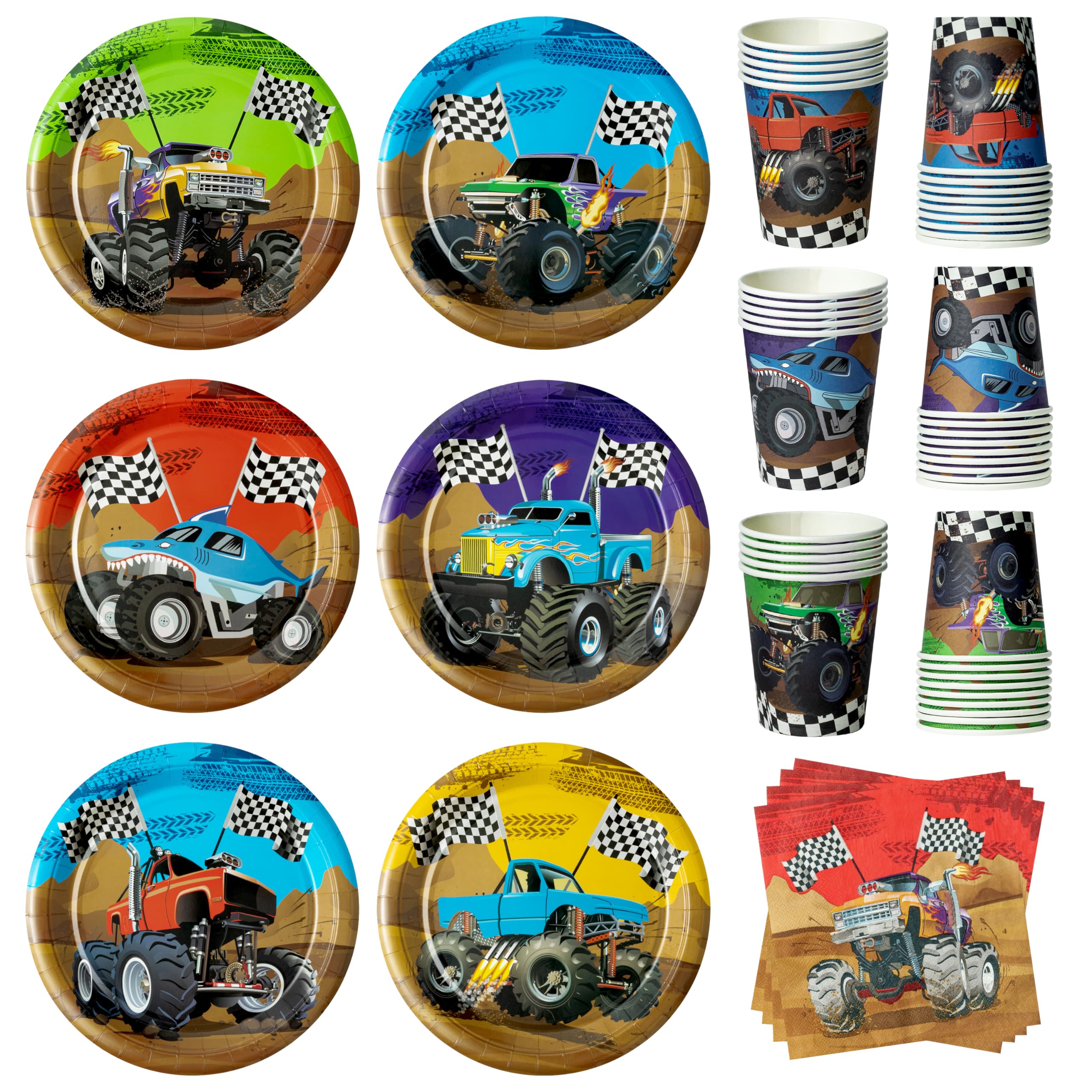 Photo 1 of K1tpde Monster Truck Party Tableware - 30set Monster Truck Theme Tablewares Set Included Disposable Checkered Flag Paper Cup Napkins for Boys Happy Birthday Decorations Party Suppliess, 30 Guest