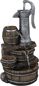 Sunnydaze Cozy Farmhouse Pump and Barrels Outdoor Fountain with LED Lights - Exterior Standing Water Feature - Corded Electric - Ideal for Deck, Yard, Balcony and Landscaping - 23-Inch