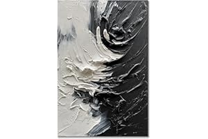NANKAI Art Hand Drawn Thick Textured Black and White Abstract Art Oil Painting in Modern Minimalist Style, 36x24 inches. Decorative Wall Painting for Home Office or Corridor
