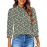 SimpleFun Womens Blouses 3/4 Sleeve Ruffle Neck Printed Business Casual Tops Flowy Dressy Work Shirts
