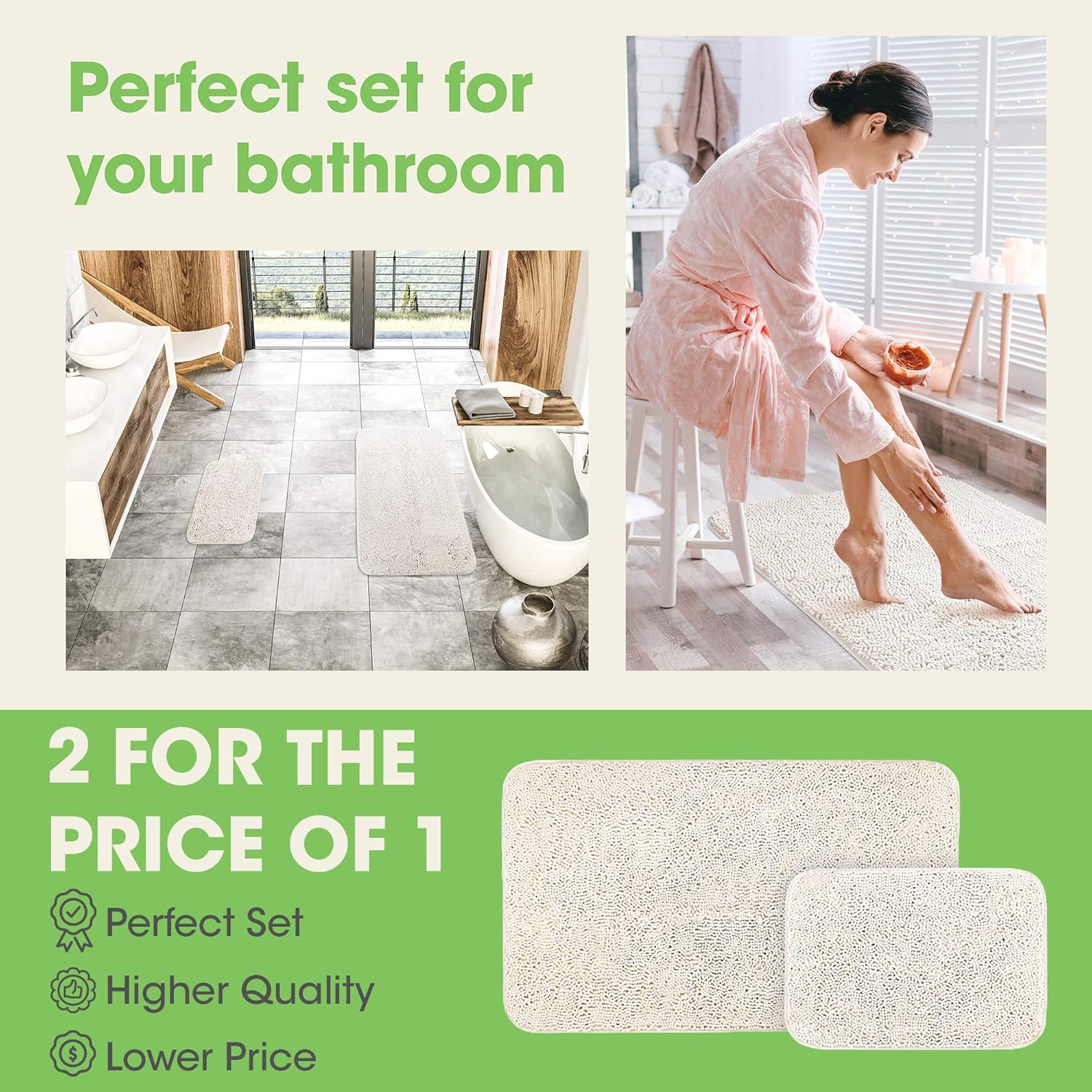 EdenHomes Chenille Bath Mats for Bathroom 24" x 17" + 44" x 26" (Set of 2) - Extra Soft Non-Slip Fluffy Rug Bathtub Large Shower Mat, Plush Carpet, Super Absorbent, Quick Dry, Machine Washable (White): Kitchen & Dining