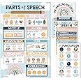 Parts of Speech Posters for Classroom – 4 Laminated Grammar Posters – Writing Process, Punctuation, Nouns Verbs Adjectives Charts – ELA Classroom Decor for Elementary & Middle School – Boho Theme