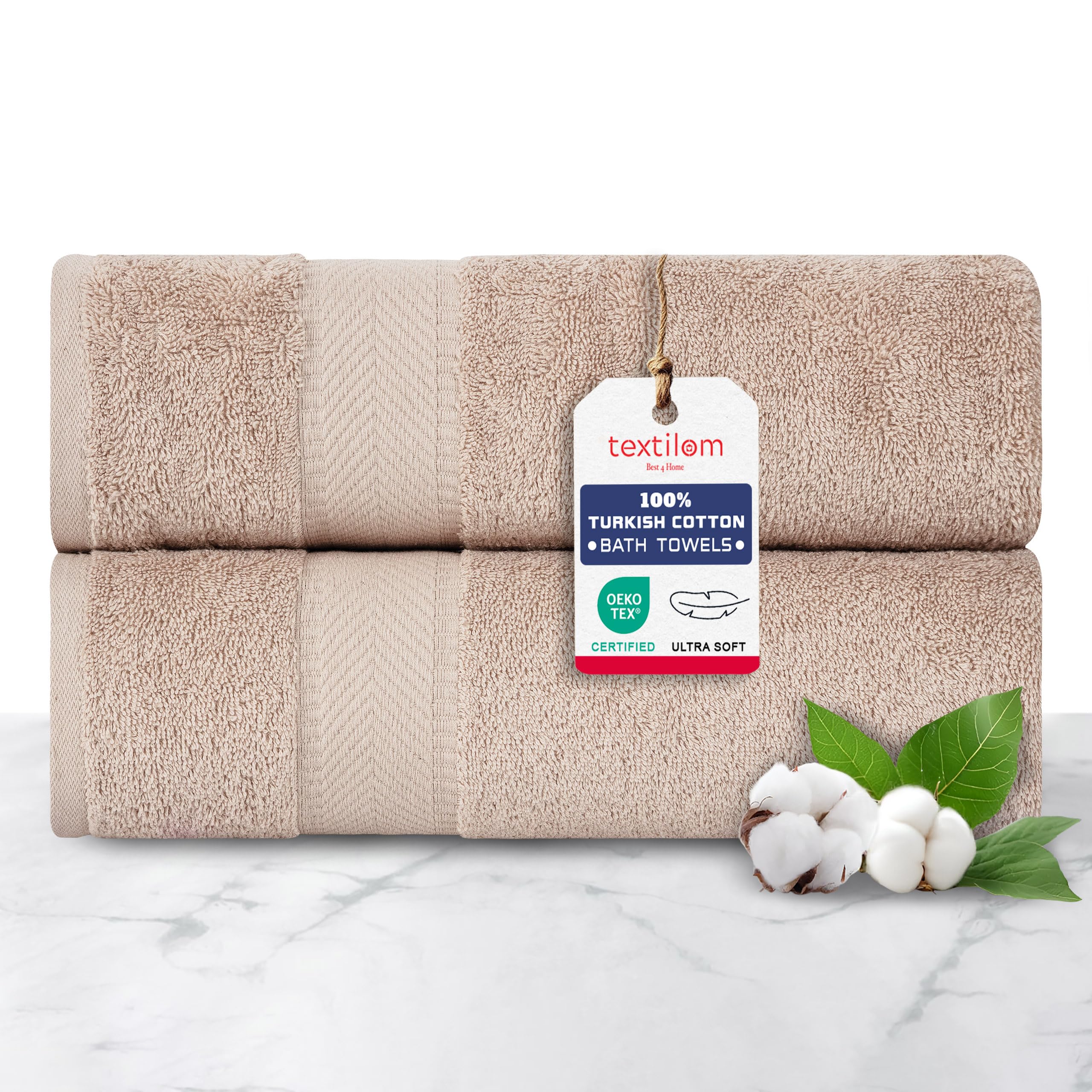 TEXTILOM 2 Piece Bath Towel Set, 100% Luxury Cotton Bathroom Towels, Premium Soft Hand Towels, Spa, Hotel Quality, Highly Absorbent, Quick Dry, Lightweight, 69 x 137 cm - Beige