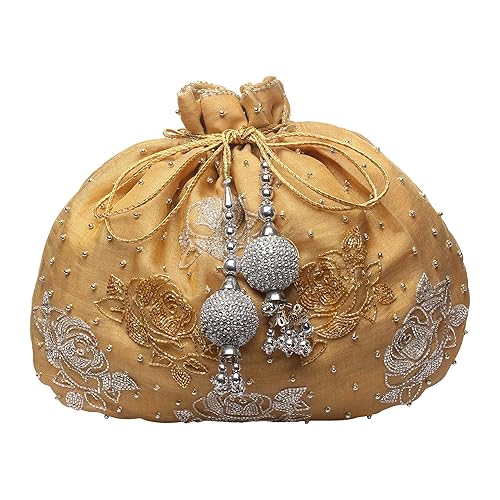 Gold potli bag,Rose Pattern on Silk Potli