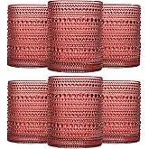 JOVGANK Red Vintage Hobnail Drinking Glasses Set of 6, Embossed Water Tumbler 12oz, Kitchen & Bar Beaded Glass Cups, Beverage Glass Cups for Water, Beer, Juice, New Year gifts