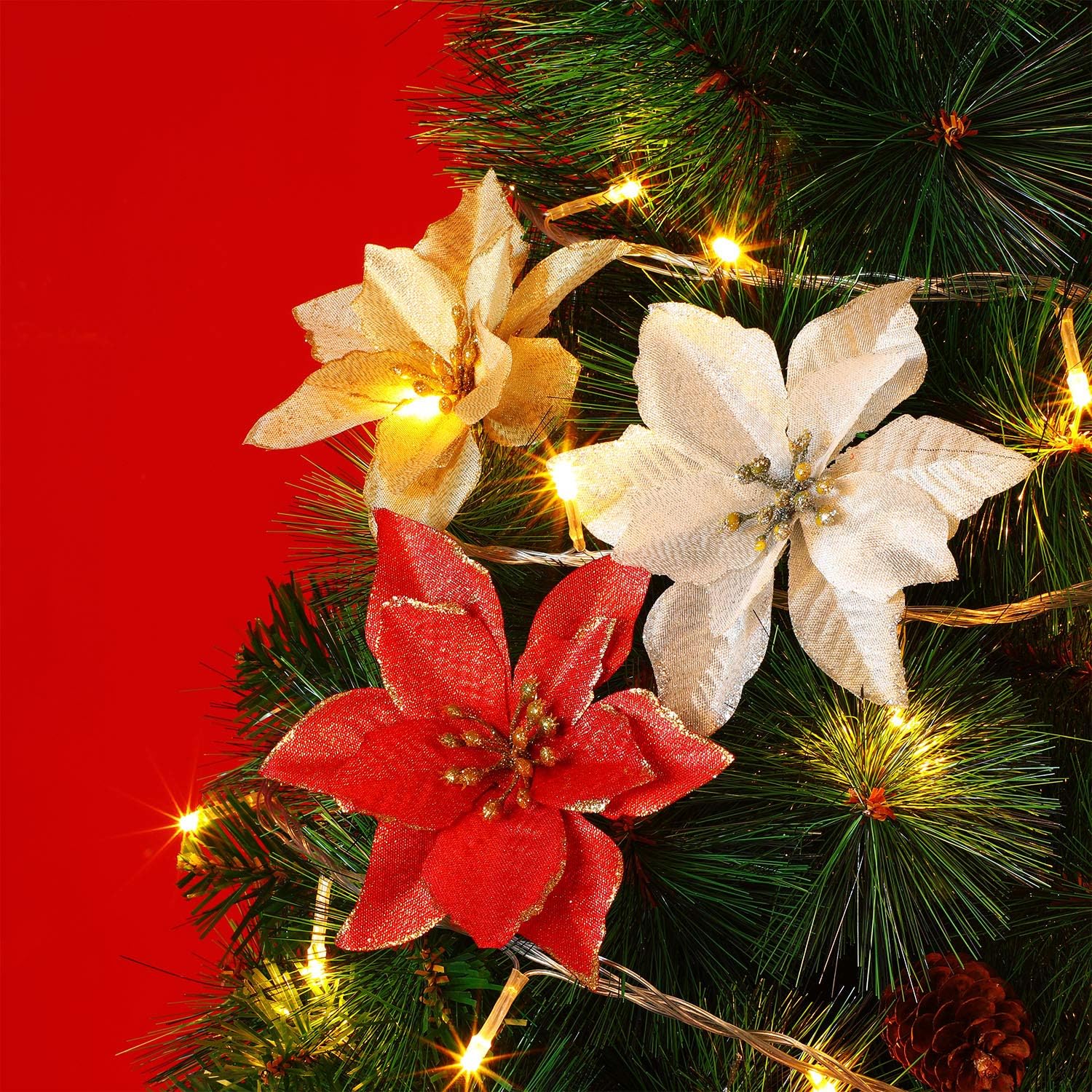 WILLBOND 45 Pieces Christmas Poinsettia Decorations Glitter Poinsettia Flowers Christmas Tree Flowers Red Gold White Silver for Xmas Tree Ornaments 5 Inch - Image 4