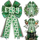 St Patricks Day Bow for Wreath Decorations,St Patricks Day Tree Topper Bows,Large Burlap White Green Glitter Shamrock Bowknot Irish Holiday Crafts Bows for Front Door Outdoor Outside