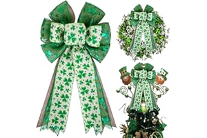 HONGSOME St Patricks Day Bow for Wreath Decorations,St Patricks Day Tree Topper Bows,Large Burlap White Green Glitter Shamrock Bowknot Irish Holiday Crafts Bows for Front Door Outdoor Outside