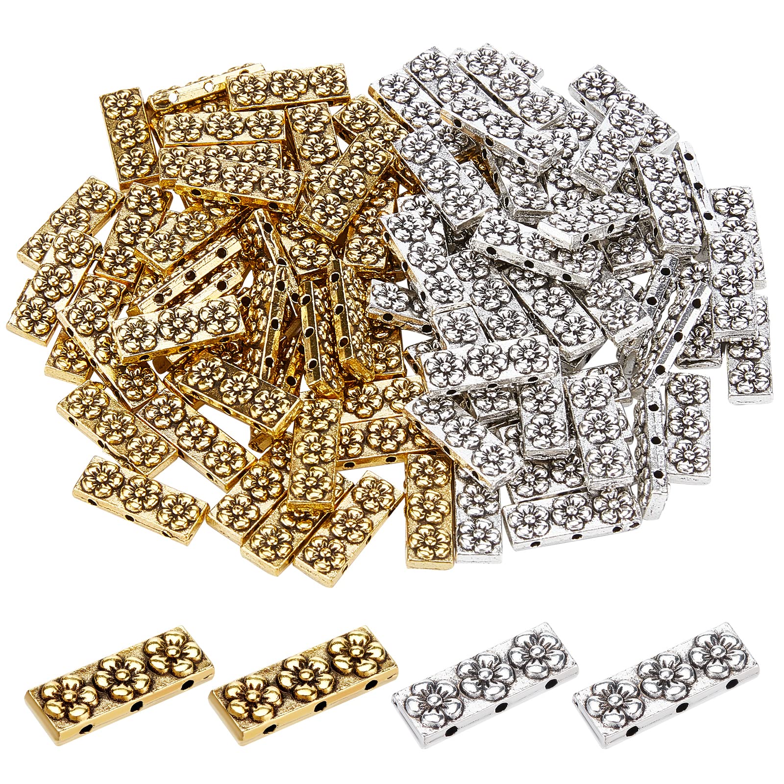 PH PandaHall 100pcs 3 Hole Rectangle Spacer Bar Metal Beads with Flower, Tibetan Multi Strand Alloy Spacers Bar Link Connectors for Jewellery Making, Antique Silver & Antique Golden