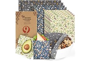 Akeeko Reusable Beeswax Food Wraps - Assorted 9 Packs, Eco-Friendly Reusable Wrap, Biodegradable, Zero Waste, Organic Cloth, Sustainable, Plastic-Free Food Storage, 1Large, 3Medium, 5Small Sizes
