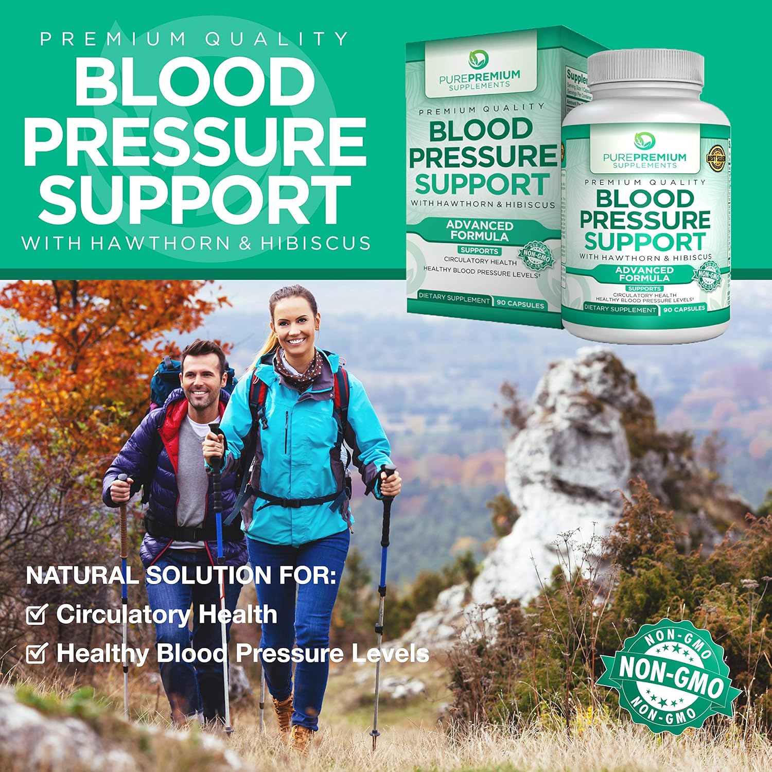 Premium Blood Pressure Support Supplement by PurePremium with Hawthorn & Hibiscus - Natural Anti-Hypertension for Cardiovascular & Circulatory Health - Vitamins & Herbs Promote Heart Health - 90 Caps: Health & Personal Care