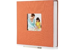 HenPisen Large Photo Album Self Adhesive for 4x6 8x10 10x12 Pictures Magnetic Scrapbook Album 12.6"x11" 60 Pages Linen Cover DIY Photo Album with A Metallic Pen and DIY Stickers(Orange)