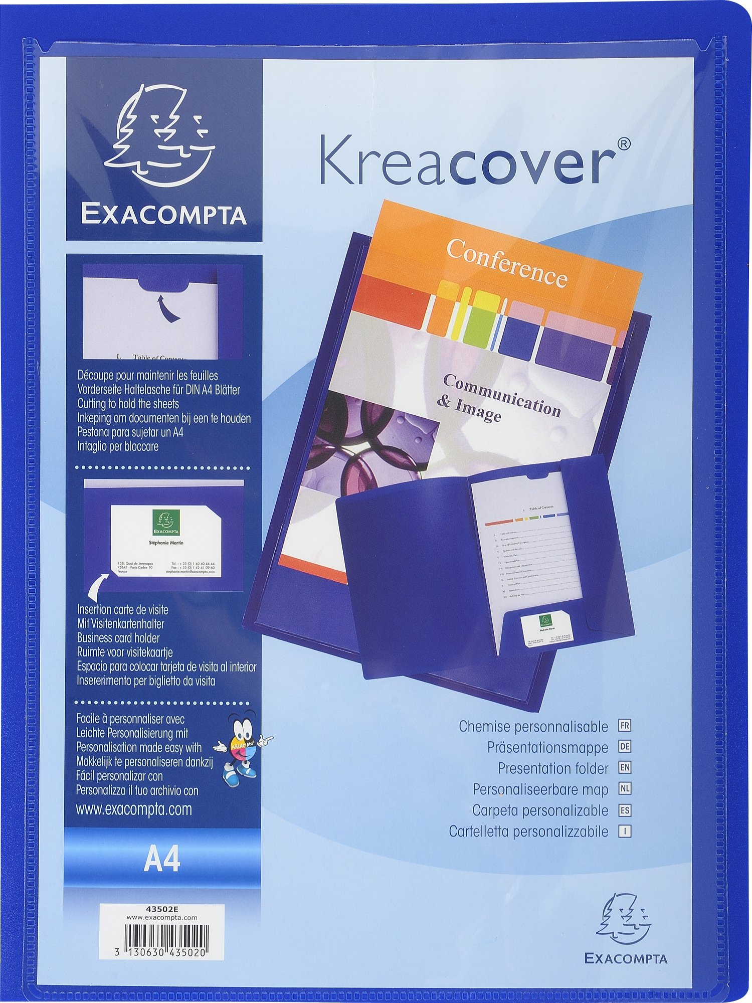 Exacompta - Ref 43502E - Kreacover Personalisable Presentation Folder - Suitable for A4 Documents, Business Card Slot, Pre-Cut Tabs for Holding Documents - Blue