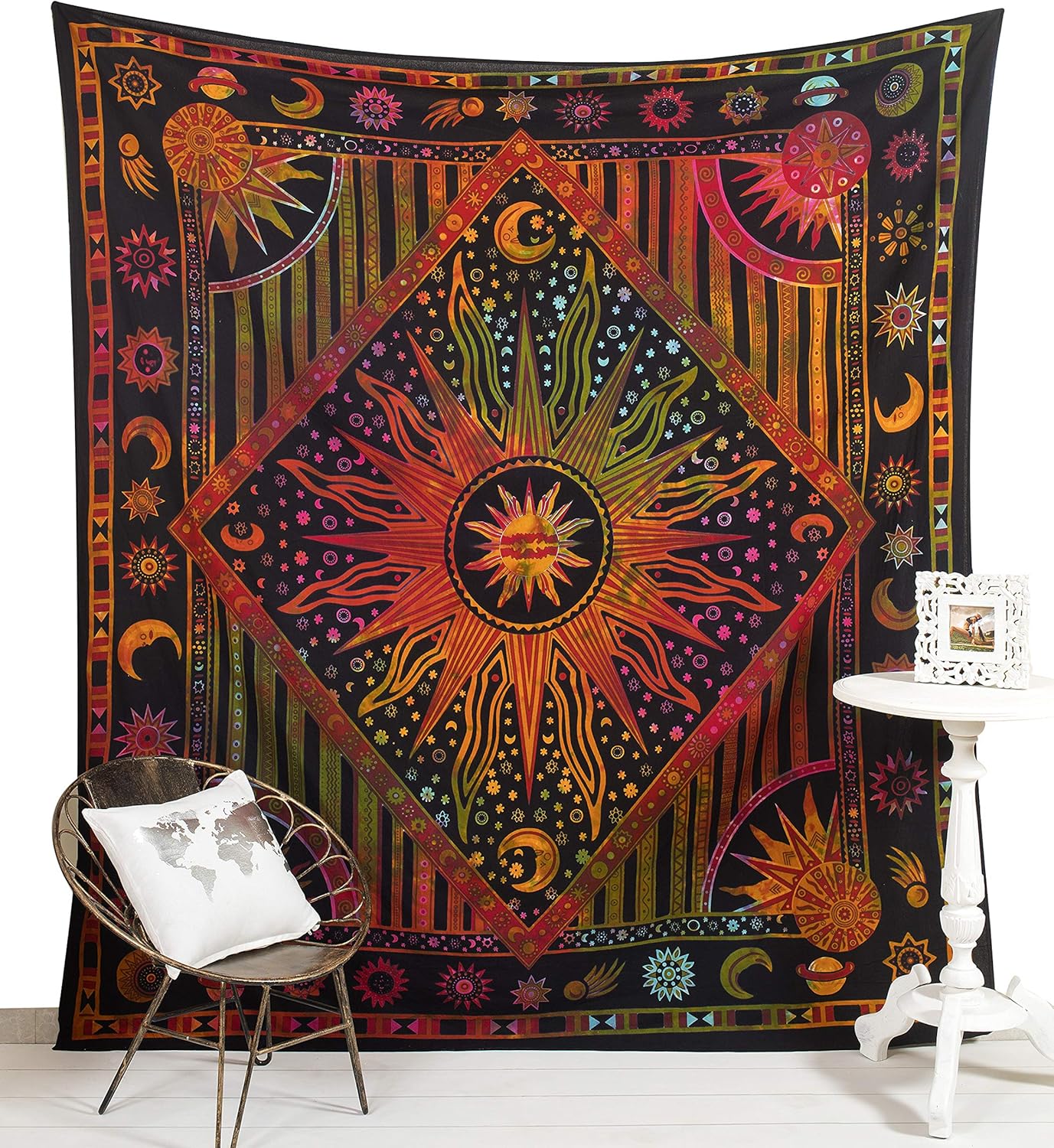 Tapestries - Popular Handicrafts Tapestry Wall Hanging Burning Hippie Sun and Moon Meditation Bohemian Hippy Psychedelic Design Indian Tapestries Bedspread 84 x 90 Inches (215cm x 230cm) Rose