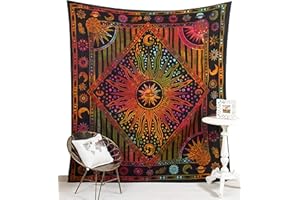 Popular Handicrafts Wall Hanging Tapestry For Bedroom Burning Hippie Sun and Moon Meditation Bohemian Hippy Psychedelic Design Indian Tapestries Bedspread 84 x 90 Inches (215cm x 230cm) Rose