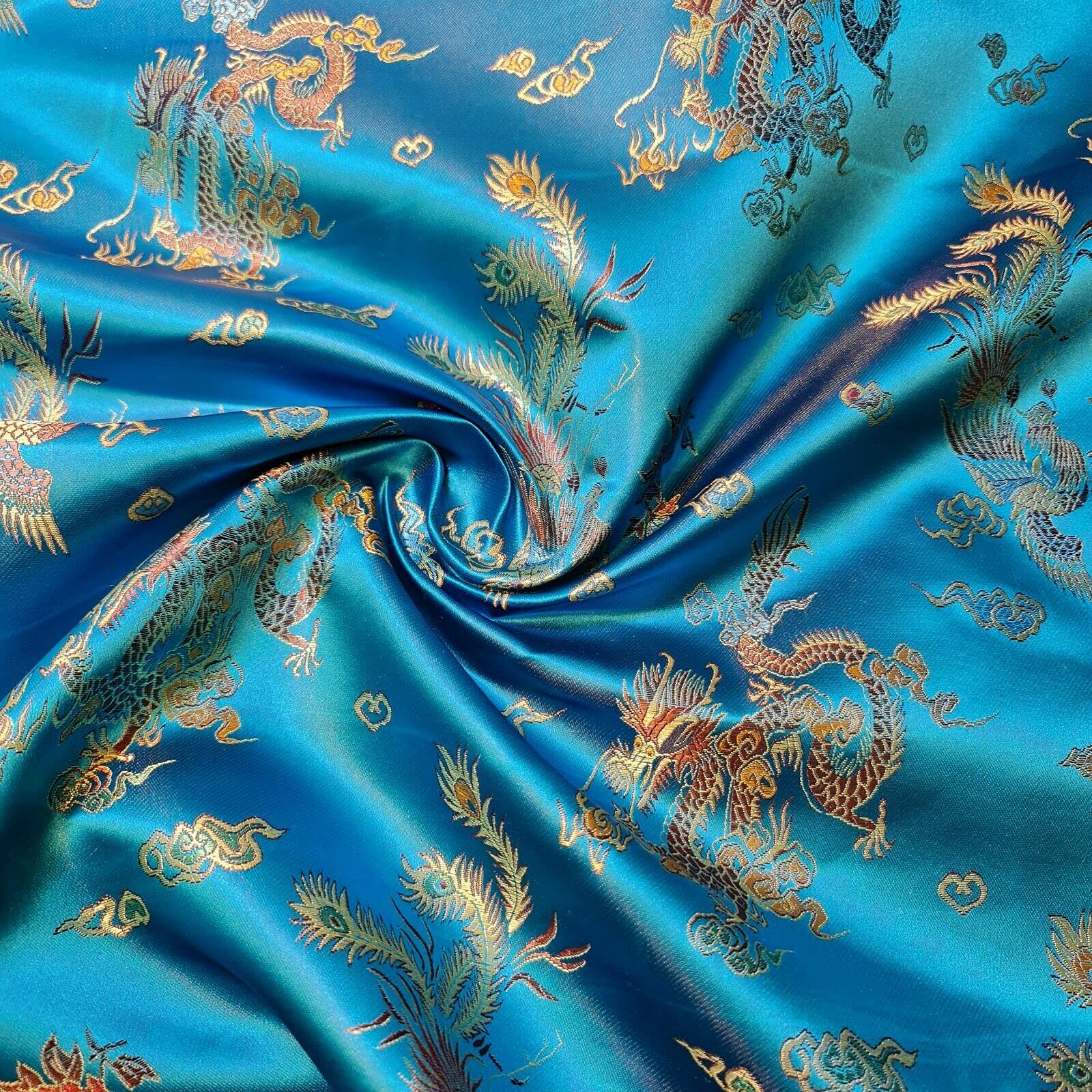 Oriental Dragon & Floral Chinese Brocade Fabric – Premium Poly-Silk Satin | Embroidered Material for Dressmaking, Crafts & Upholstery | 36" (100cm) Wide | 1 Meter Pre-Cut (Turquoise Dragon)