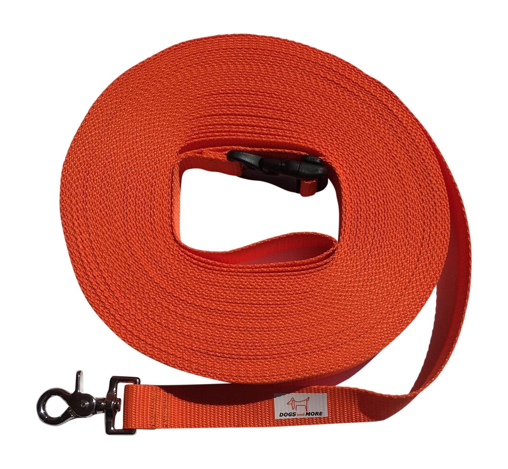DOGS and MORE – Tracking / Training / Recall Leash with RELEASABLE wrist strap - 20 meter / 66 feet (Orange, 25 mm wide)
