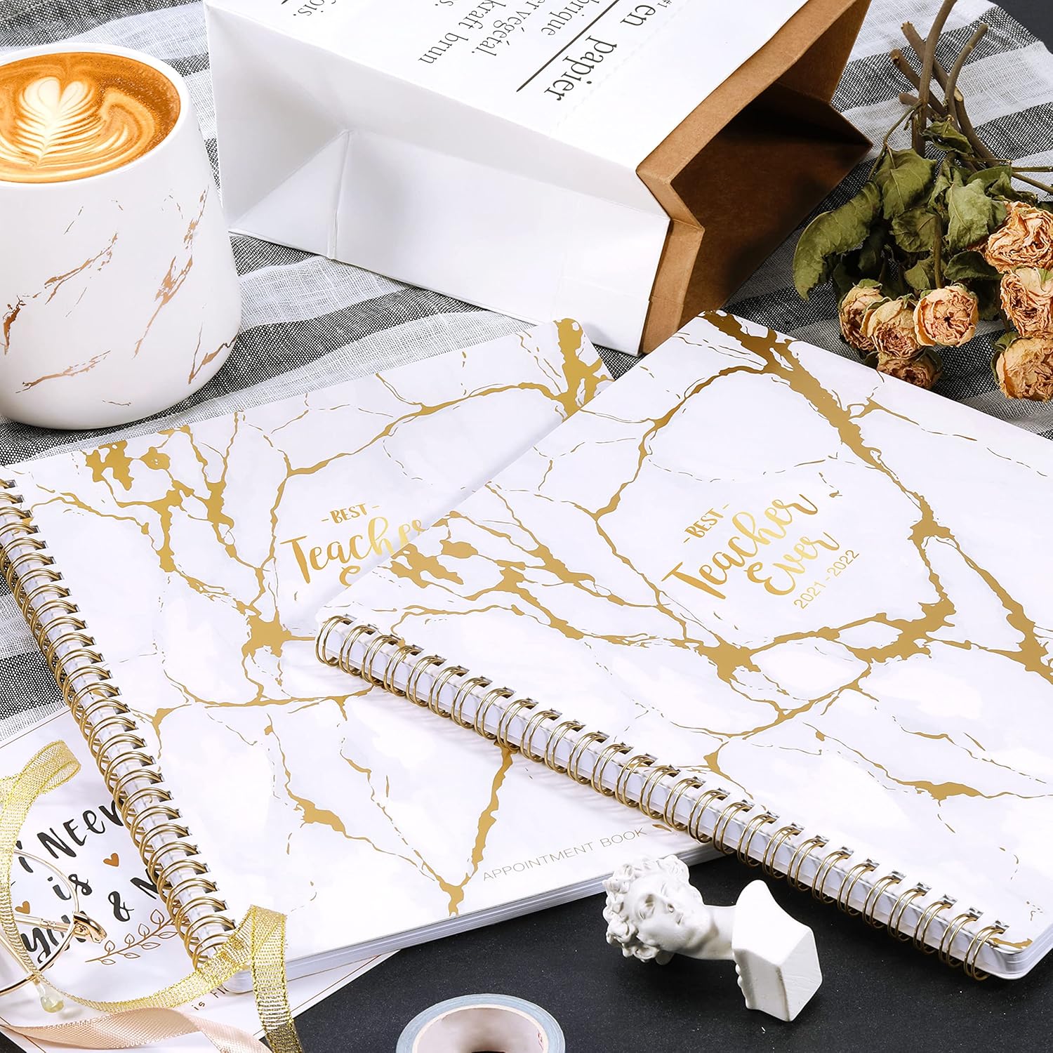 2021-2022 Teacher Planner - Weekly & Monthly Lesson Planner, July 2021-June 2022, 8'' x 10'', White Marble Cover Lesson Plan Book, Academic Teacher Planner with 3-months reference calendars, Flexible Cover, Twin-Wire, Monthly Printed Tabs: Office Products