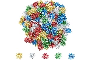 Iceyyyy 200 Pcs Mini Christmas Gift Bows-1 Inch Mix Color Metallic Star Gift Bows-Tiny Adhesive Present Bows for Christmas Holiday Party Decoration DIY Gifts Wrapping