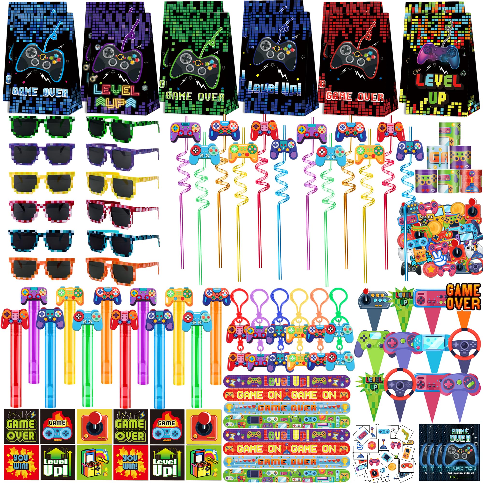 PLOUGVI 320PCS Video Game Party Favors for Kids-Including Goodie Bags, Glasses, Straws, Bubble Wands, Stickers, Cake Toppers, Tattoos & More-Perfect for Theme Party Decorations & Piñata Fillers