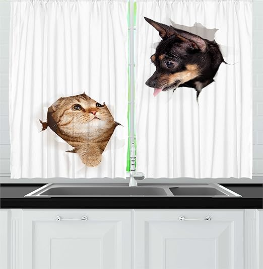 Amazon Com Ambesonne Animal Kitchen Curtains Cat And Dog In