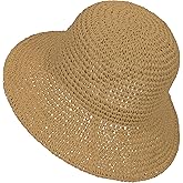 Womens Sun Hat Handmade Crochet Straw Bucket Hat Summer UV Protection Foldable Travel Cap UPF 50+