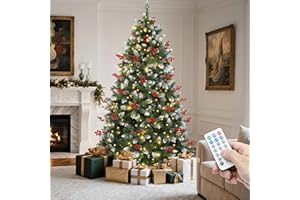 YITAHOME 6FT Prelit Christmas Tree with Remote, Artificial Hinged Pre-Decorated Christmas Tree with 58 Pine Cones & 58 Red Berries, Xmas Tree with 818 Frosted Tips, 250 Lights