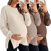 Sweetyweee 3 Pack Women's Maternity Shirts Long Sleeve Waffle Knit Side Split Oversized Tops Pregnancy Clothes Fall Tees