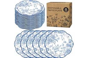 Kochorie 150 Pieces Blue Flower Paper Plates 7 Inches Disposable Floral Paper Plates Scalloped Blue Chinoiserie Vintage Flower Dessert Plate for Wedding Birthday Holiday Party Decor Supplies