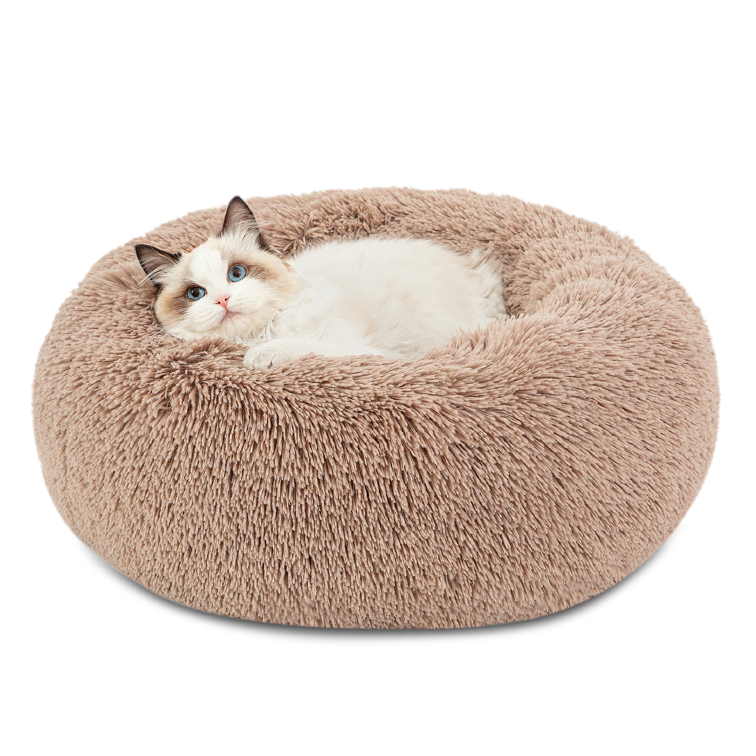 Photo 1 of Bedsure Calming Cat Beds for Indoor Cats - Small Cat Bed Washable 20 inches, Anti-Slip Round Fluffy Plush Faux Fur Pet Bed, Fits up to 15 lbs Pets, Camel