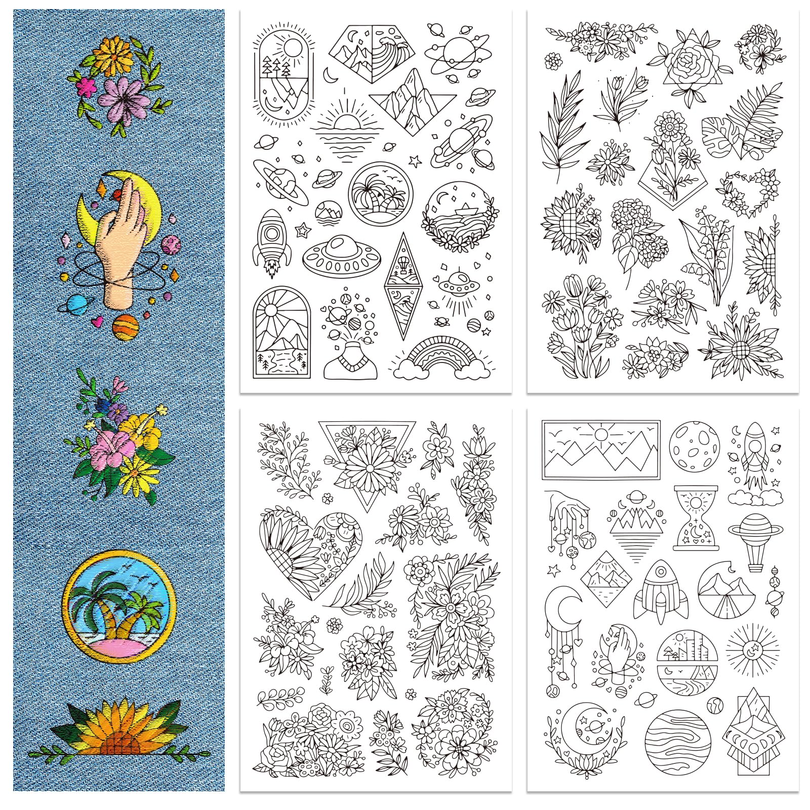 GLOBLELAND 4 Sheets 70Pcs Flowers Water Soluble Hand Sewing Stabilizers Celestial Stick and Stitch Embroidery Designs Paper for Fabric Embroidery Stitch Practice Embroidery Patterns Transfers