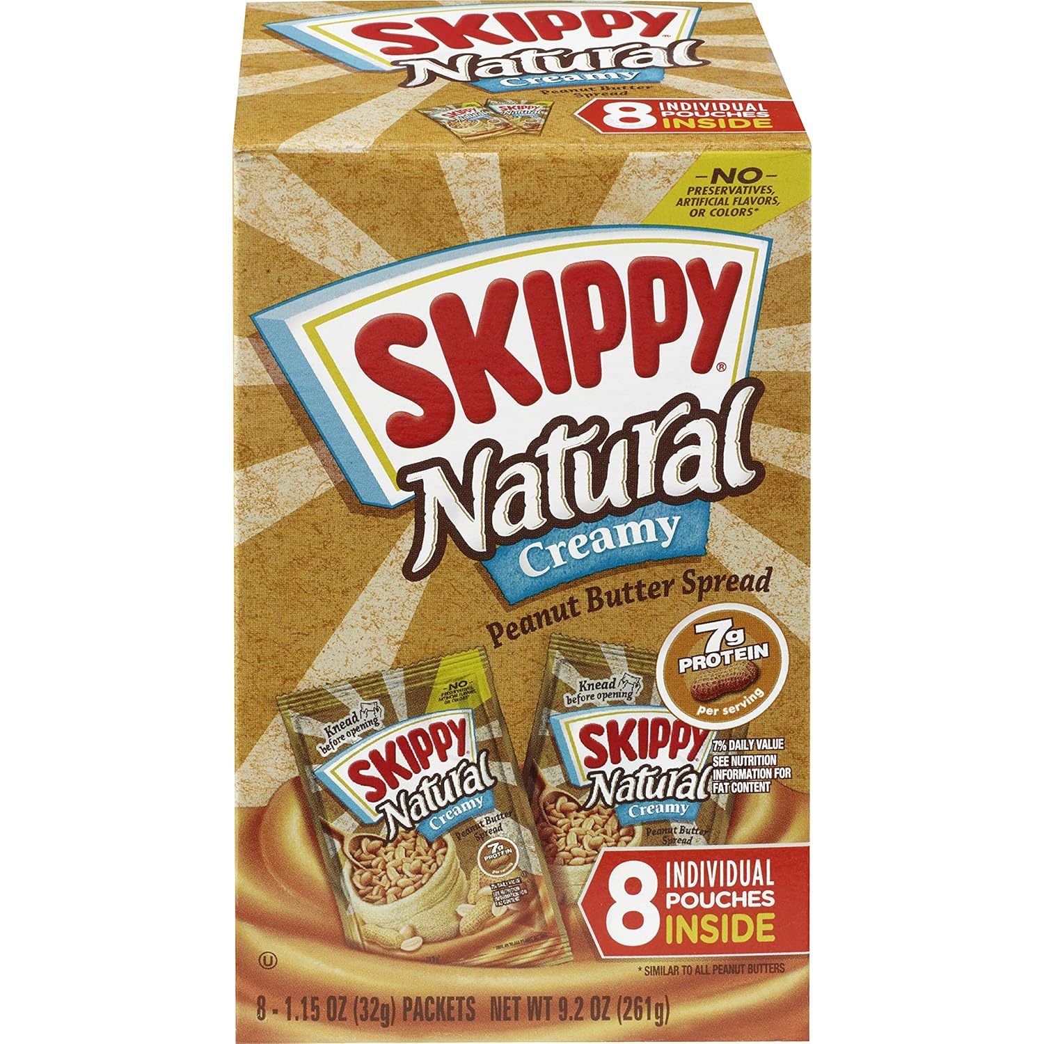 SKIPPY Natural Creamy Peanut Butter Spread Individual Squeeze Packs, 1.15 Ounce (64 Pouches)