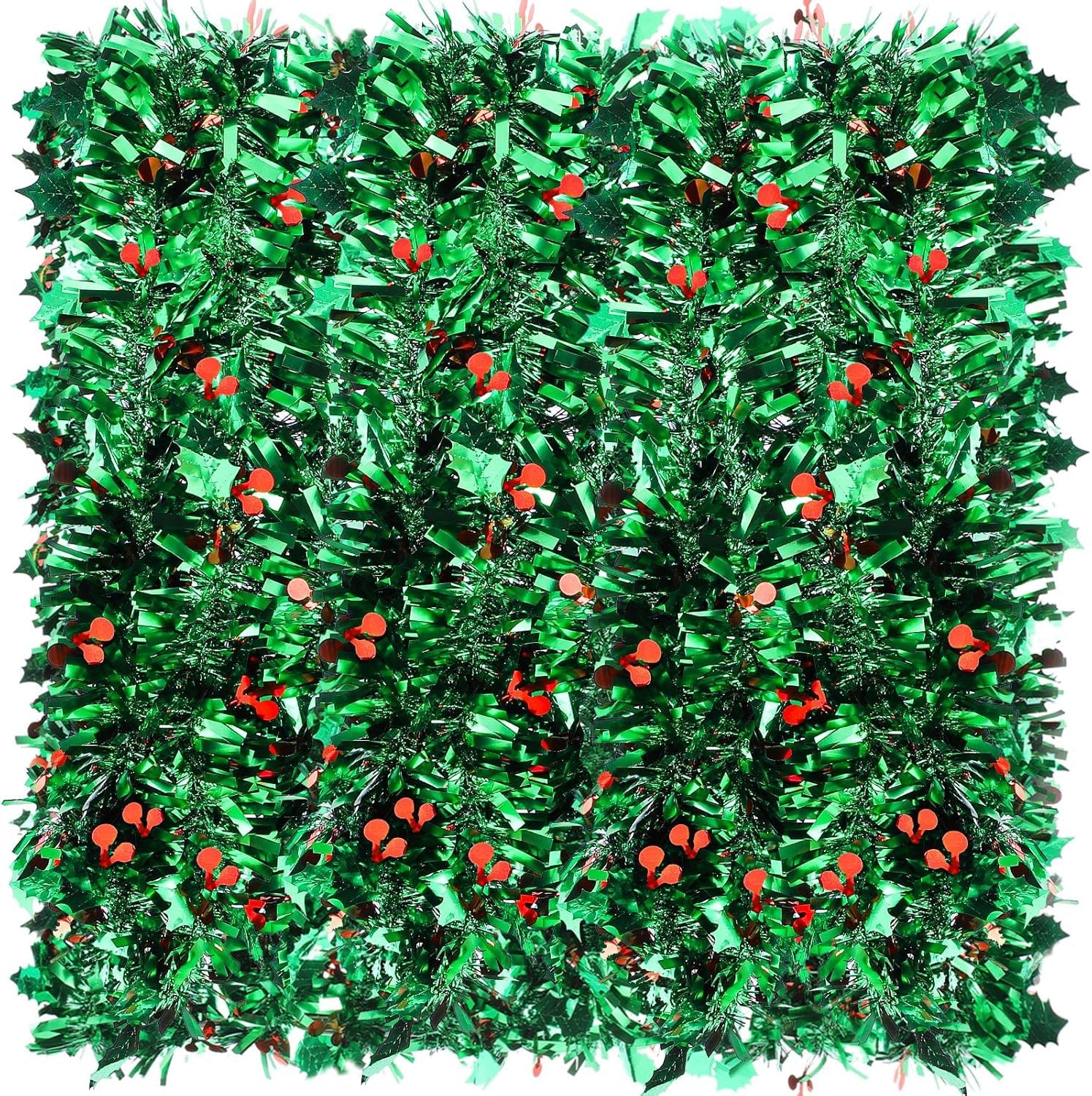 KAHEIGN 10M Christmas Red Berry Tinsel Garland, 9CM Width Metallic TinselS Chunky Glittering Tinsel Thick Shiny Garland with Red Berry and Holly Leaves for Christmas Holiday New Year Party Decoration