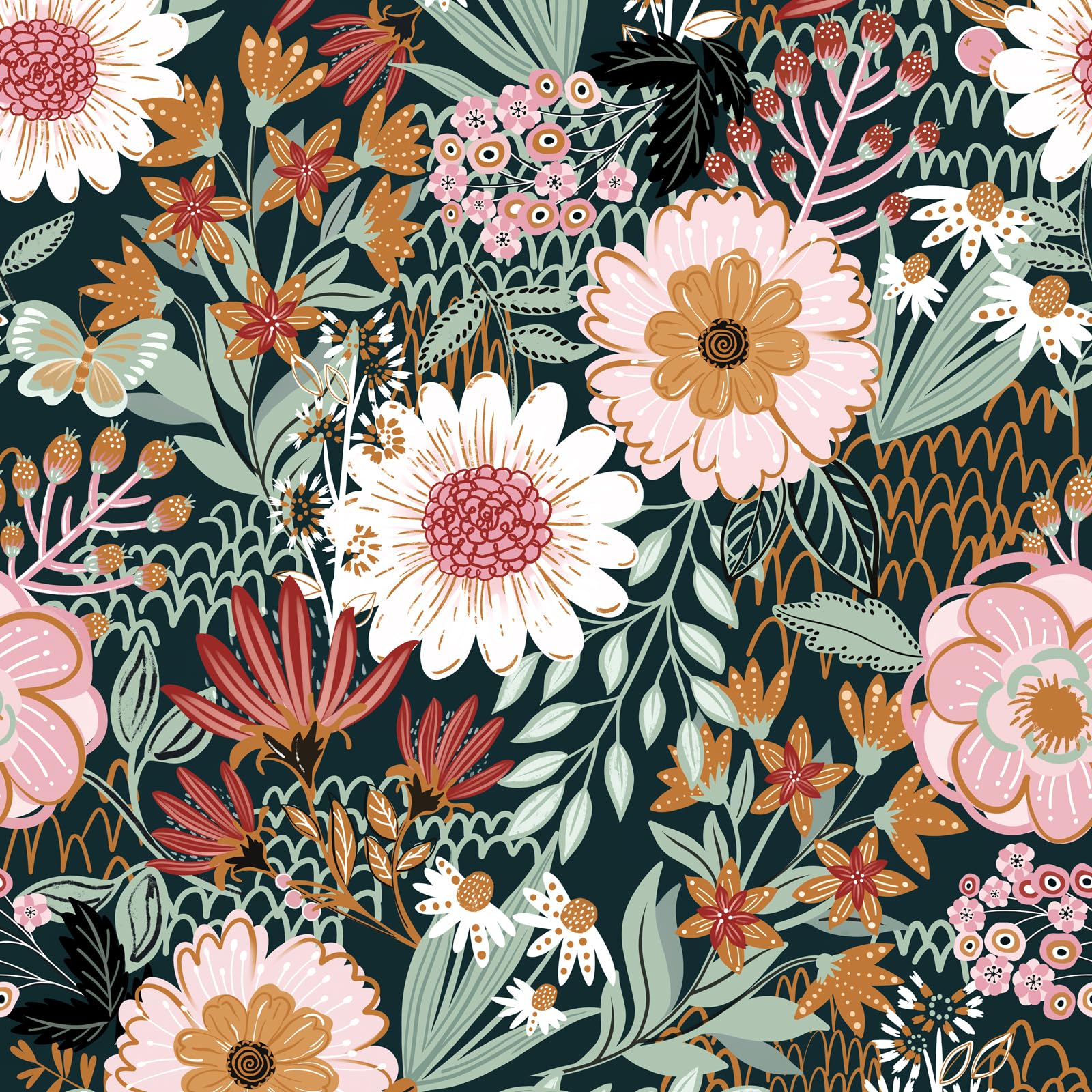Photo 1 of Sevalo Floral Peel and Stick Wallpaper Boho Flower Contact Paper for Cabinets and Drawers Botanical Large Floral Wall Paper Self-Adhesive Removable Wallpaper Bedroom Colorful Decor 17.3inW 197inL