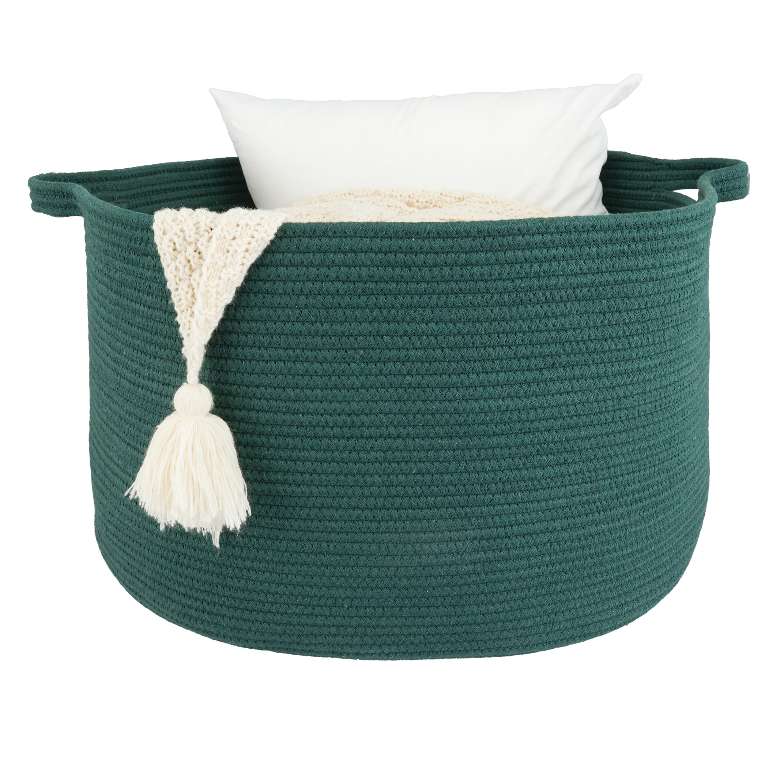 Photo 1 of XUANGUO Large Cotton Rope Basket – 22"x14" Woven Storage Basket for Blankets, Toys, Laundry, and Nursery – Round Baskets for Living Room and Kids Dark Green