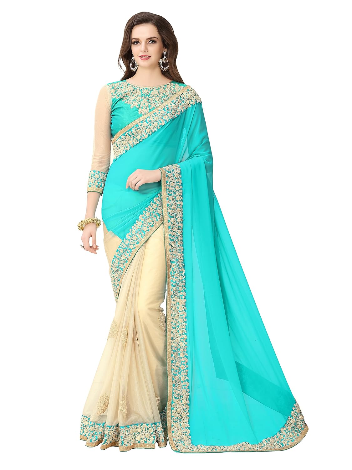 glory sarees georgette saree with blouse piece (sukanya blue_blue and beige_free size)