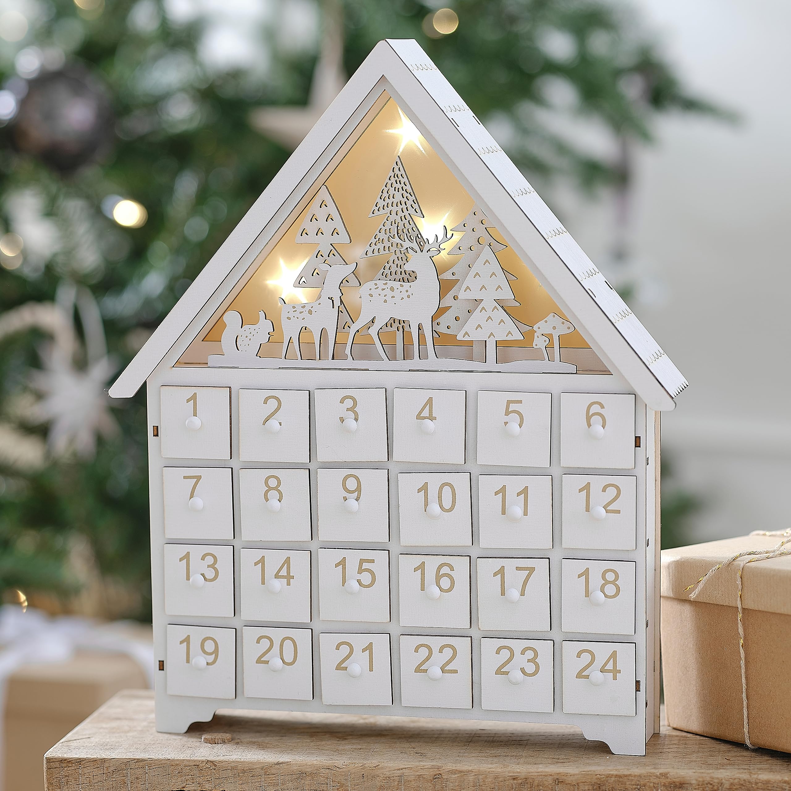 Ginger Ray White & Gold Wooden Light Up Christmas Advent Calendar Fireplace Decoration — image 1