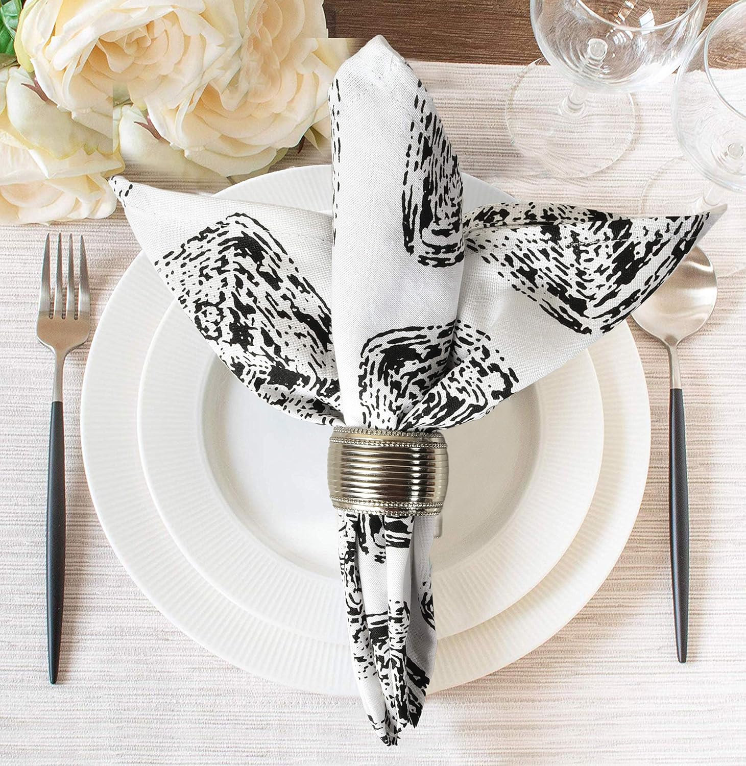 Elvana Home 12 Pack Cloth Dinner Napkins 100% Cotton 18x18, Cocktail Napkins, Wedding Dinner Napkins Bulk, Soft Durable Comfortable Machine Washable Cotton Dinner Napkin Set Black White: Home & Kitchen
