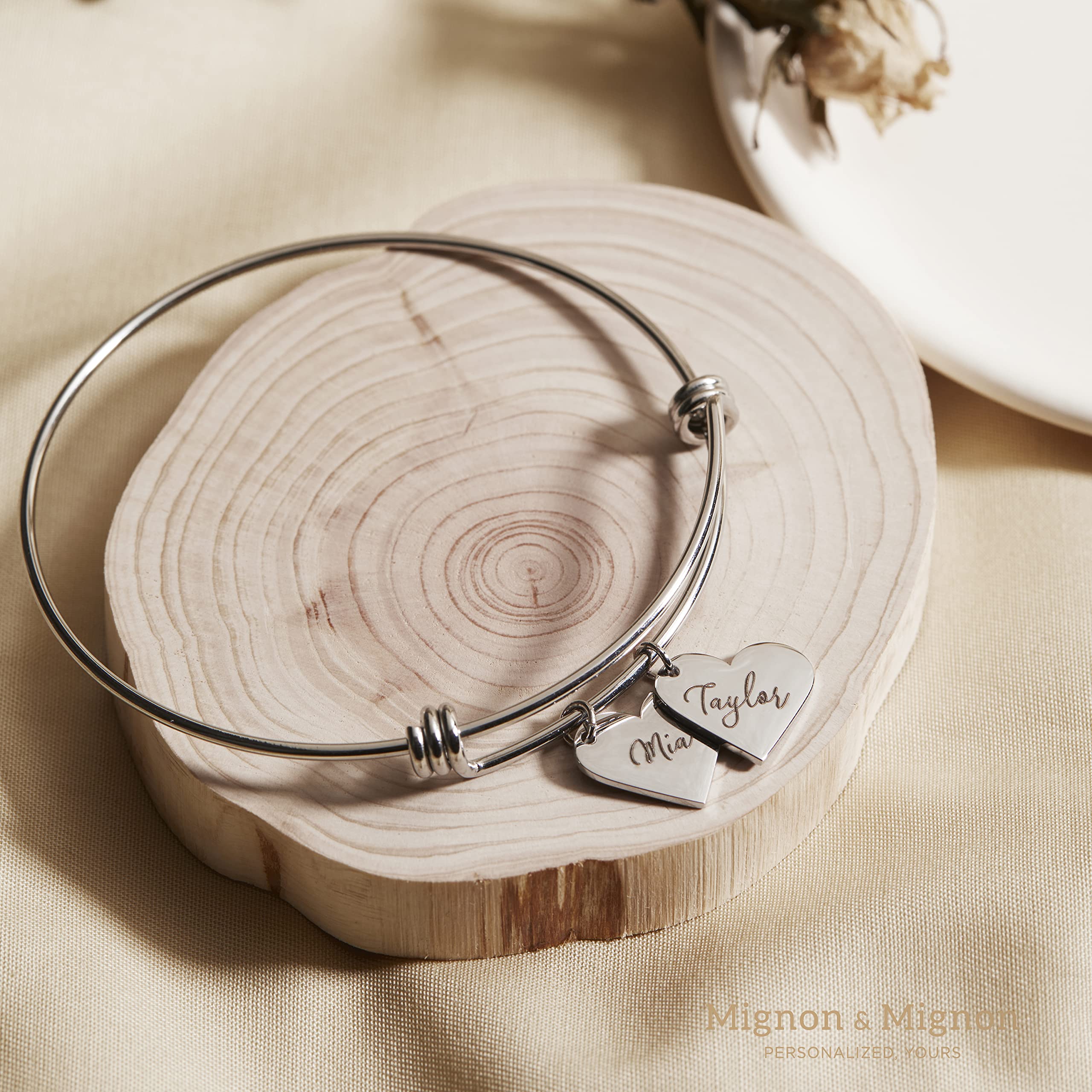 Custom Heart Charm Bracelet with Engraved Names, Personalized Gift for Women, Mom, Bridesmaids, or Friends, Adjustable Bangle for Graduation, Birthday – ABR-MH