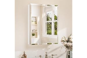 TETOTE Medicine Cabinet 20 x 26 Inch White Beveled Bathroom Mirror, Assembly Needed, Stepless Adjustable Shelves, Recessed or