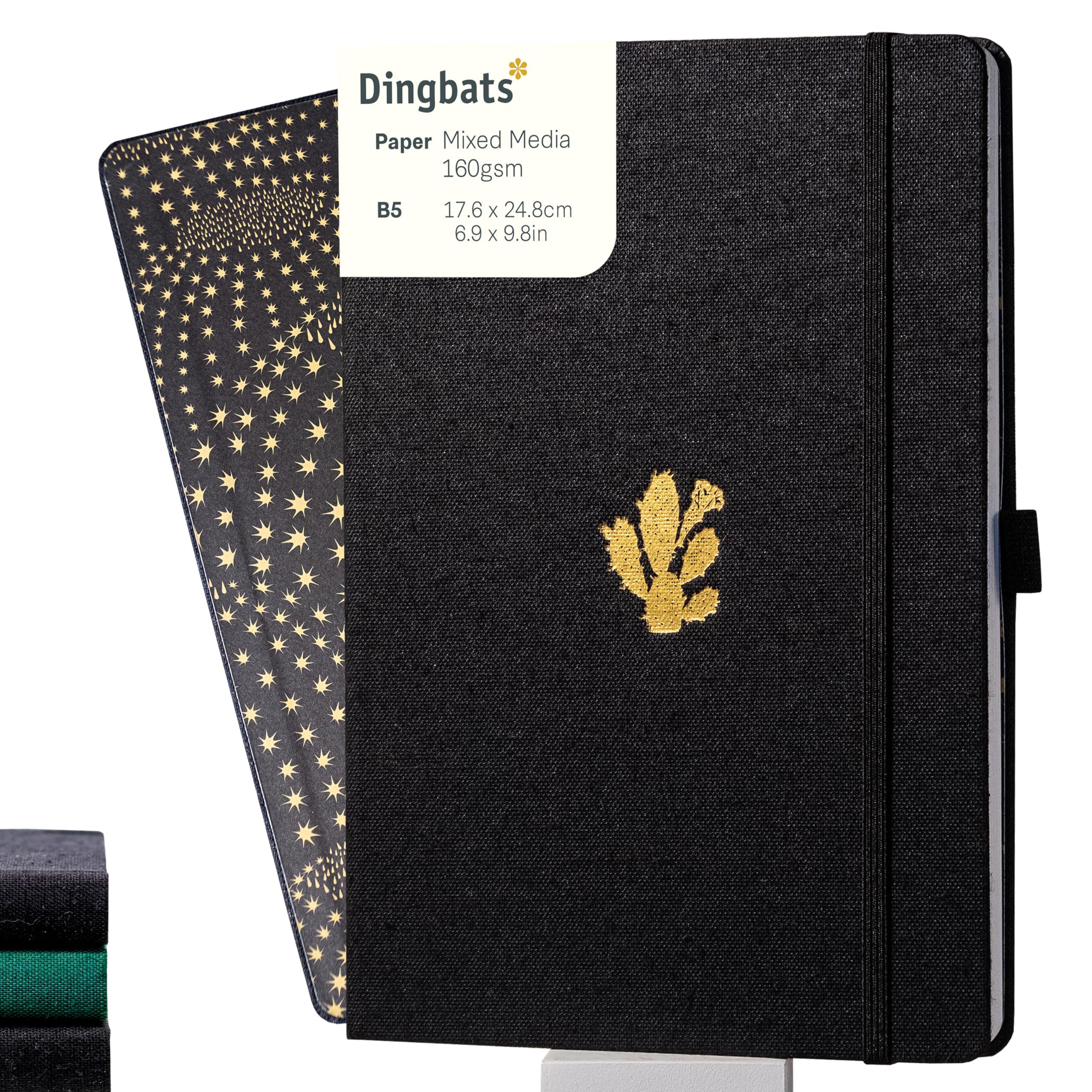 Dingbats* - Pro B5 Plain Large Notebook - Black Textile Cover, Thread-Bound Journal - for Work, Travel - Pocket, Elastic Closure, Pen Holder, Bookmark