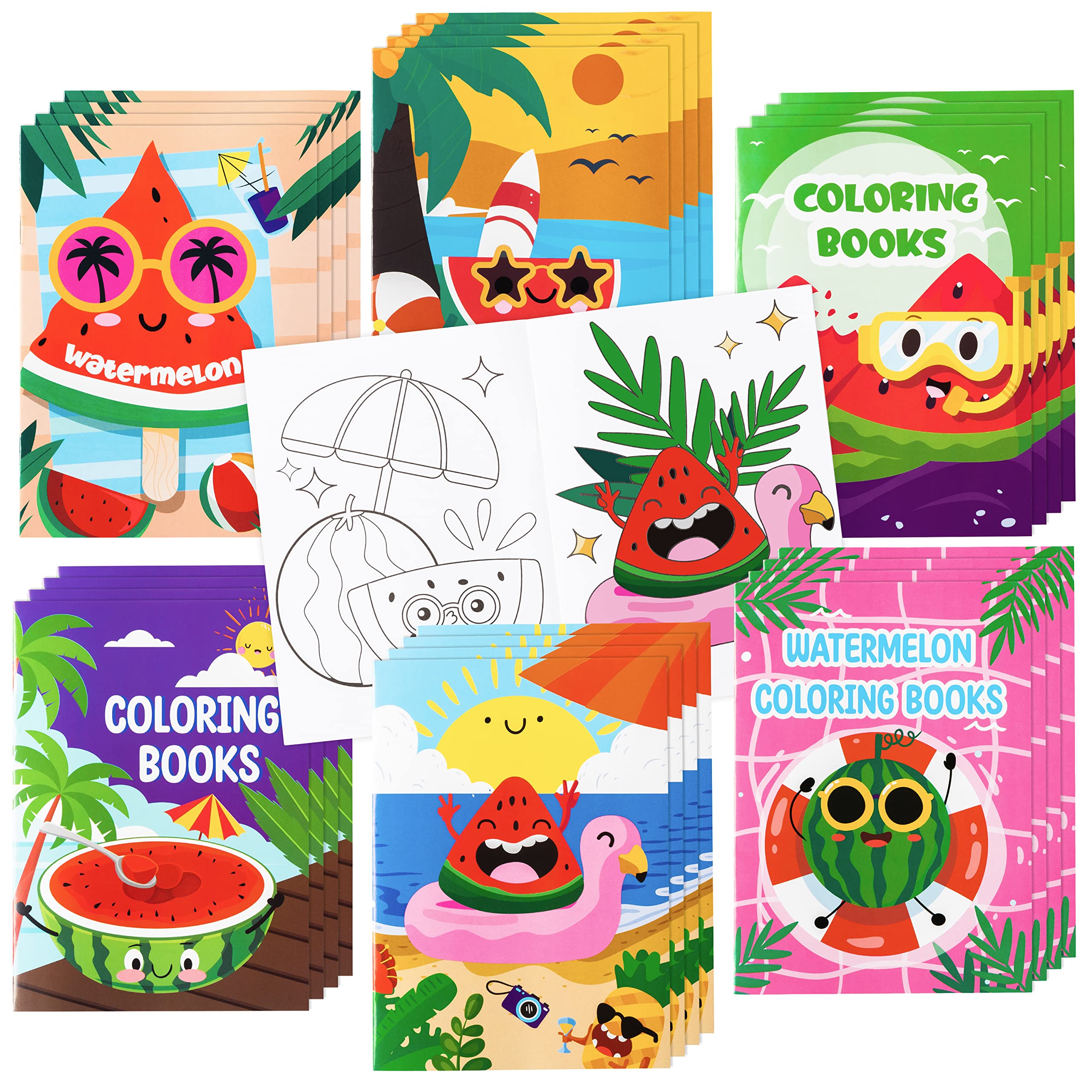 Dvbonike 24Pcs Watermelon Coloring Books Summer Themed DIY Color-in Pages with Seaside Beach Sunglasses Drawing Party Favors Gifts Home School Classroom Game Art Activity Supplies for Kids Age 4-8