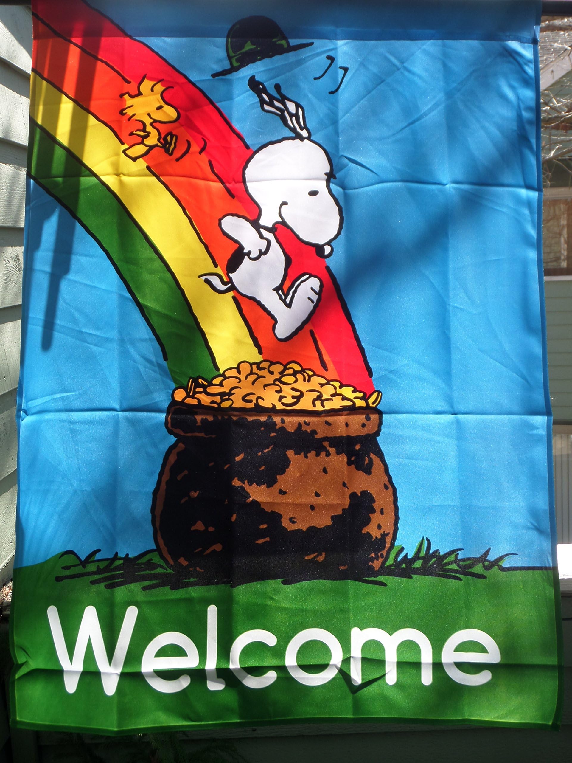 Peanuts Snoopy & Woodstock ....Welcome ..... Jumping Into a Pot of Gold House Flag (28"W X 40"L)