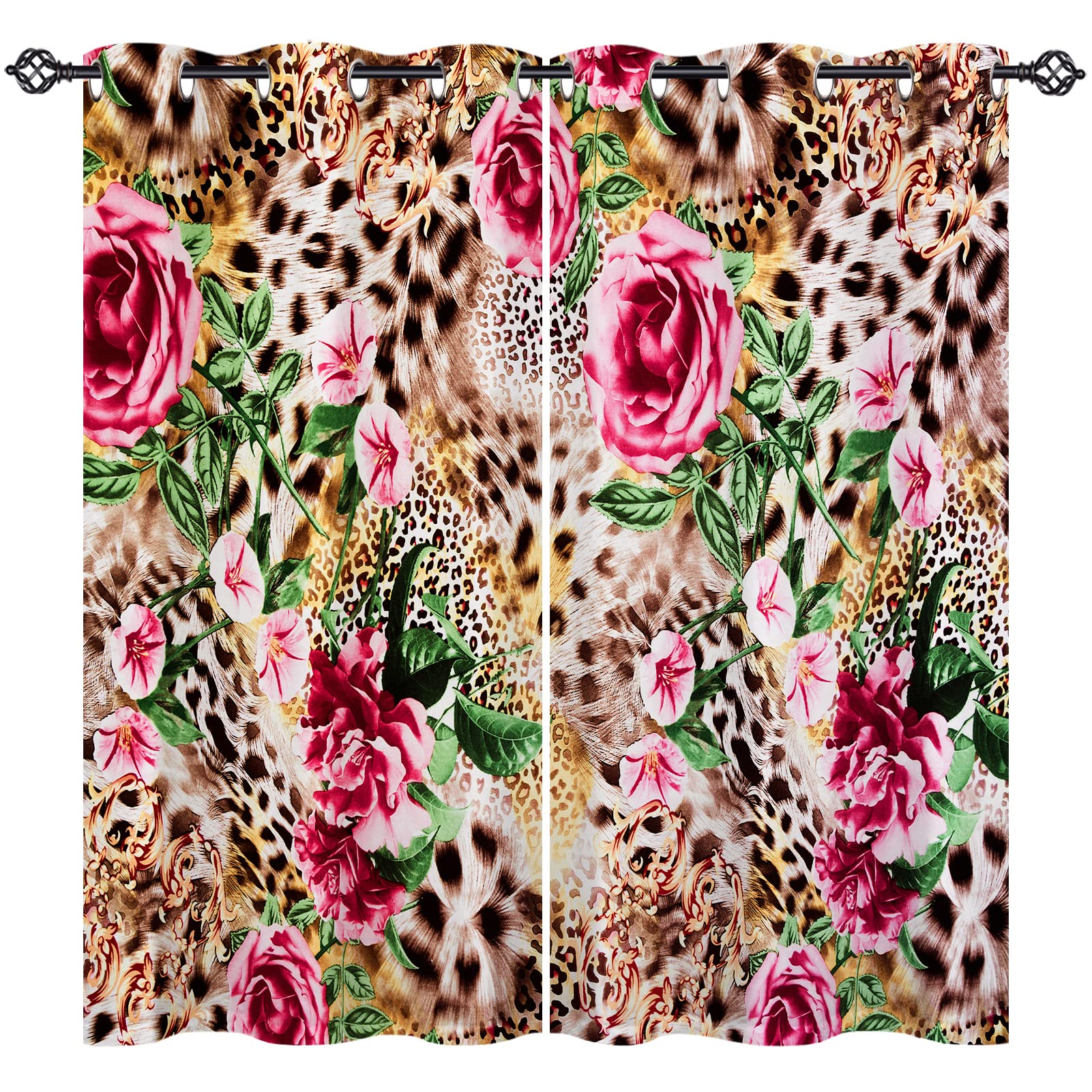 ANHOPE Leopard Curtains Eyelet 80% Blackout Curtains with Safari Animal Cheetah Striped Flower Print Pattern Thermal Soundproof Decorative Window Drapes for Bedroom Living Room 66 x 90 Inch 2 Panels