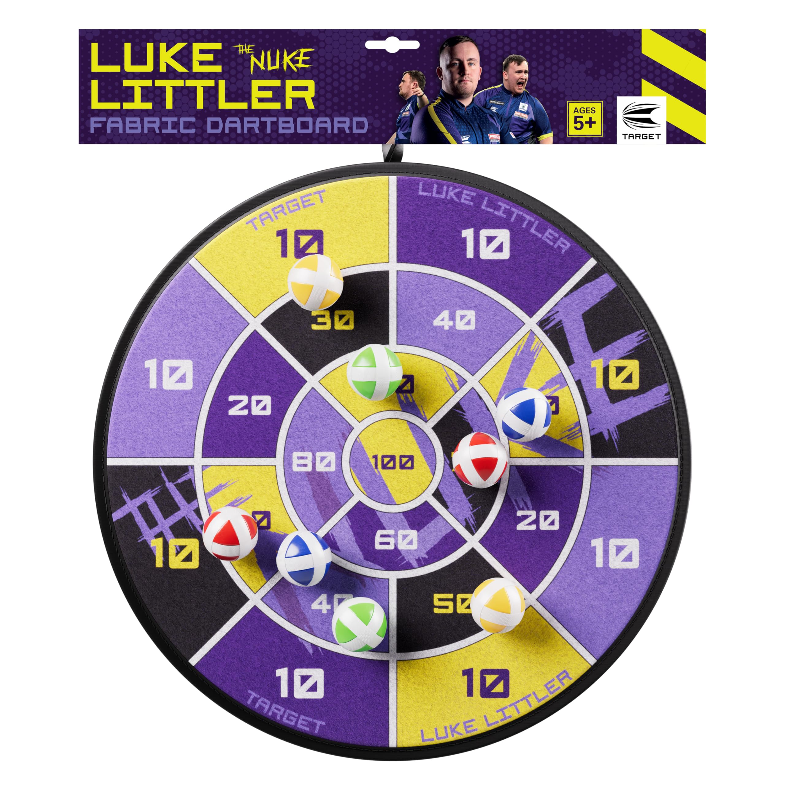 Target Darts Luke Littler Sticky Ball Fabric Dartboard Set for Kids | Player Edition ‘The Nuke’ Hook & Loop Balls Dart Board Game Set with 8 Sticky Balls | Indoor & Outdoor Use, Children Party Games