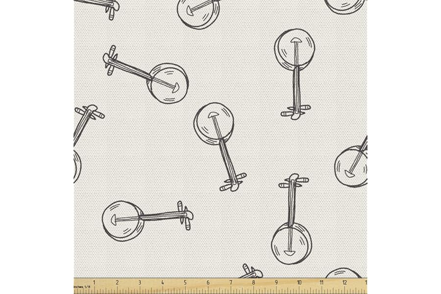 Lunarable Country Fabric by The Yard, Pencil Hand-Drawn Vintage Banjo Traditional Folk Music Illustration, Decorative Fabric for Upholstery and Home Accents, 1 Yard, Eggshell Black