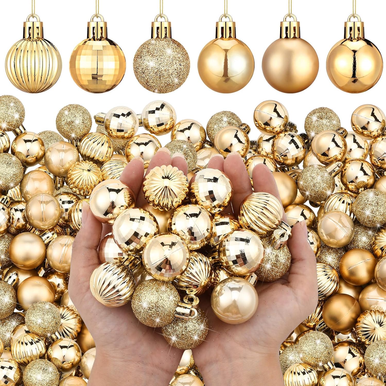 Ornaments - Shappy 216 Pcs Mini Christmas Ball Ornaments 1.18 Christmas Tree Decorations 6 Styles Small Christmas Shatterproof Balls with Hanging Loop for Holiday Party Wreath Xmas Tree Decor(Gold)