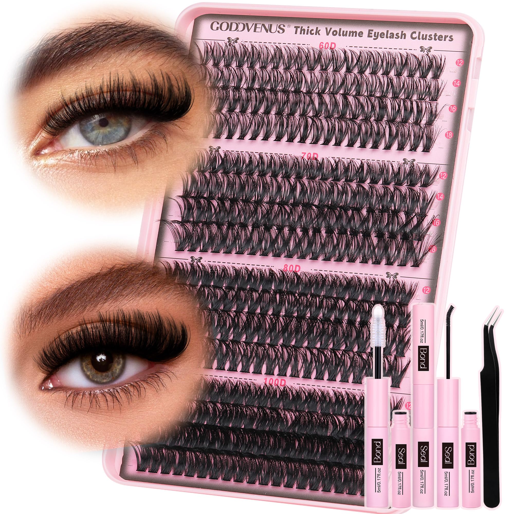 Goddvenus Fluffy Individual Eyelashes Kit 60+70+80+100D Clusters Lashes Kit 320Pcs Eyelash Clusters DIY Lash Extension kit Russian D Curl Lashes Individual Cluster with Bond and Seal (12-18mm Mix) — image 1